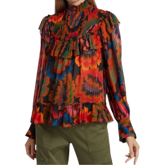 FARM RIO Flowers Smocked Ruffle Detail Floral Blouse Size S - Picture 1 of 12